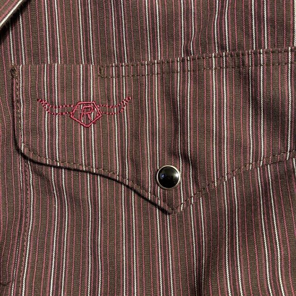 Vintage Western Pearl Snap Shirt Dark Red Black Stripe Flying R USA 18 1/2 37 - Picture 7 of 8